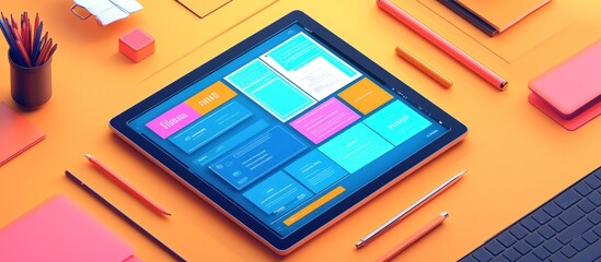 Wall Mural - a tablet with a bright blue screen and colorful app tiles sits on an orange desk with colorful penci