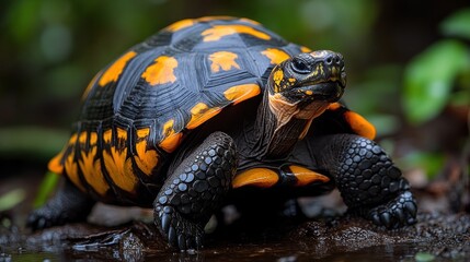 A vibrant turtle with orange and black shell in a natural setting.