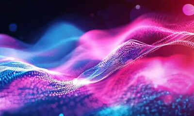 Abstract wavy background of glowing pink and blue particles on a dark backdrop with bokeh lights.