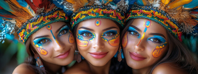 Wall Mural - wide macro closeup photo of three women faces with highly detailed skin, face paint with blue and yellow colors and they looking at the camera directly with sharp eyes