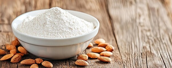 Almond flour in a white bowl with almonds, rustic wooden background.