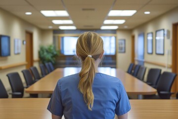 Healthcare worker working in hospital boardroom, Generative AI