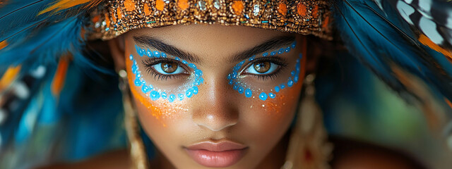 Wall Mural - wide macro closeup photo of a woman face with highly detailed skin, face paint with blue and yellow colors and she looking at the camera directly with sharp eyes