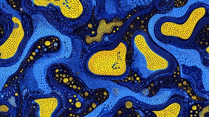 Abstract blue and yellow pattern with dots and swirls.