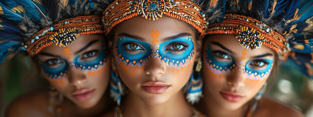 Wall Mural - wide macro closeup photo of three women faces with highly detailed skin, face paint with blue and yellow colors and they looking at the camera directly with sharp eyes