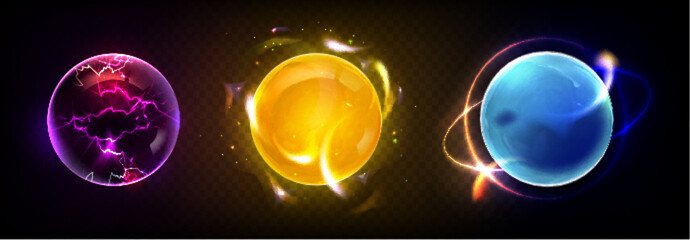 Wall Mural - Bright glowing magic energy ball with lightnings, neon plasma and burning fire. Realistic 3d vector set of purple, yellow and blue power sphere with light effect. Futuristic fantasy fireball.