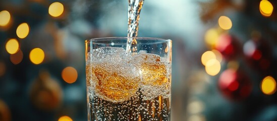 A glass of champagne is being poured with festive lights in the background.