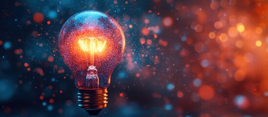 Wall Mural - a glowing light bulb with a warm orange glow, surrounded by a bokeh background of blue and orange.