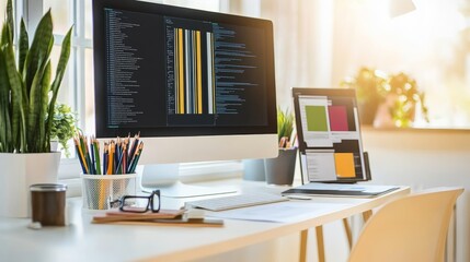 Computer with code on screen, pencils in a cup, glasses, and a keyboard on a desk.