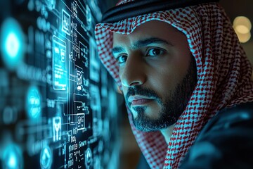a young man in traditional arab clothing looks intently at a computer screen with a blue and white d