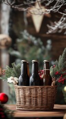 An empty scene featuring a Christmas-themed gift basket containing a selection of craft beers, creating an ideal product mockup space, 