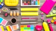 © bcendet - Flat lay of a colorful work space with art supplies and coffee.