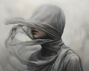 Monochrome portrait of a girl wrapped in a veil, a weightless fabric expressing sadness, quiet melancholy, serenity.