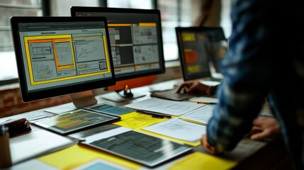 Man working on a computer with a pen and paper, with a tablet and a second computer screen on the desk.