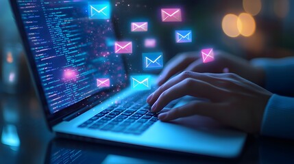 Laptop Keyboard with Glowing Email Icons, Nighttime, Web Design, Digital Communication, Online Messaging, Technology Concept.