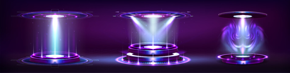 Wall Mural - purple hi tech portal with neon light glow effect for game ui design. realistic 3d vector illustrati