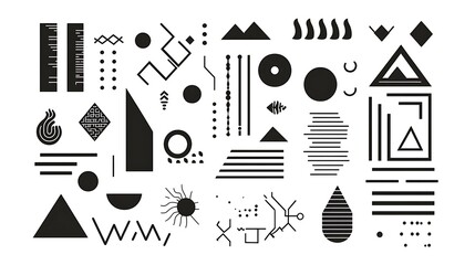 minimalist vector set of hand-drawn geometric shapes and stripe lines in monochrome, designed for mo