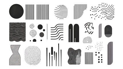 monochrome abstract minimal element set with geometric shapes and contemporary hand-drawn stripe lin