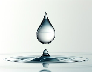 Captivating water droplet suspended above a tranquil surface in soft natural light