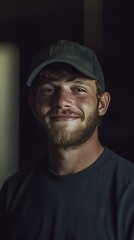 Smiling Young Man in Casual Attire with a Hat, Capturing a Moment of Joy