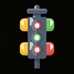 The image shows a 3D illustration of a traffic light with red, yellow, and green lights on a street, symbolizing control, safety, and transportation signals