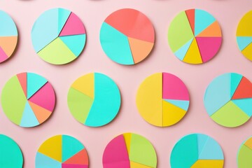 Colorful pie charts on a pastel pink background, showcasing various data segments and designs, perfect for presentations and educational material DESIGN, DATA, GRAPHICS, ANALYSIS, INFORMATION