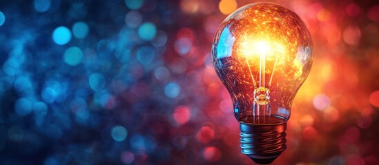 Poster - a glowing light bulb with a bright light inside, against a blue and red bokeh background.