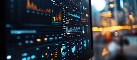 Wall Mural - close-up of a computer screen displaying a variety of data visualizations, with a blurry cityscape i
