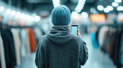 A person holds a smartphone and appears to be comparing different Cyber Monday offers across various tech and fashion items in the deep depth of field background