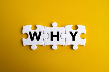 Start with Why Business Motivation Concept. Word WHY there puzzle isolated on yellow background


