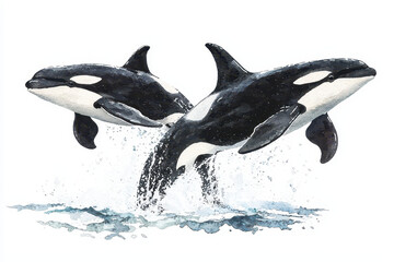 Two orcas leap gracefully from the water, showcasing their sleek bodies and playful nature against a splashy backdrop.