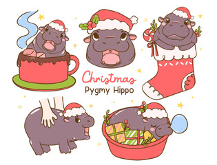 Wall Mural - Christmas Baby Pygmy Hippo Hand Drawn Cartoon Characters collection