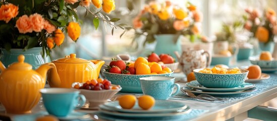 A table setting with teapots, bowls, and fruit.  The table is set with a blue and white tablecloth. There are two yellow teapots, a bowl of fruit, and a bowl of cereal.