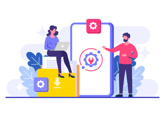 Wall Mural - system maintenance flat vector illustration, error, fixing trouble, device updating, software system