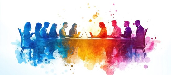 Wall Mural - silhouettes of a diverse group of people sitting at a table and working on laptops, surrounded by co