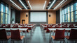 © Keopaserth - modern high level conference room with bright lighting and rows of red chairs facing large screen. room features wooden paneling and large windows, creating inviting atmosphere