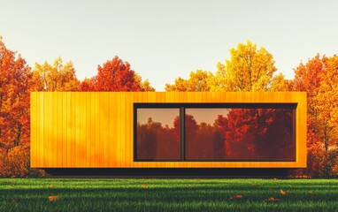 Canvas Print - Minimalist Wooden Cabin Amidst Vibrant Autumn Foliage