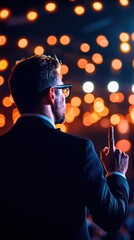 A Speaker Captivating an Audience Amidst a Sea of Warm Glowing Lights