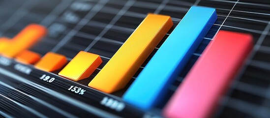 Wall Mural - a 3d bar chart with orange, blue, and red bars rising in a pattern that demonstrates growth.