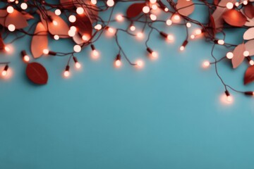 Wall Mural - Christmas lights bordering blue background with copy space