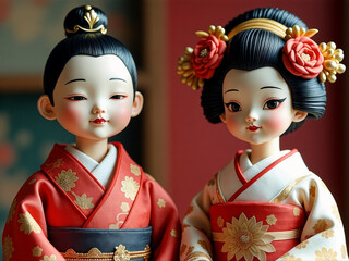 Two dolls dressed in traditional Japanese clothing