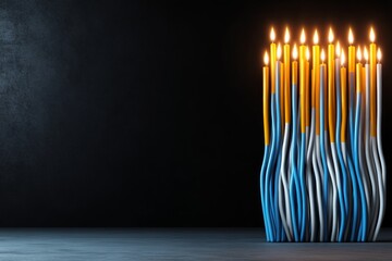 Aufkleber - Vibrant Neon Wire Art Kinara Sculpture with Lit Candles on Black Background