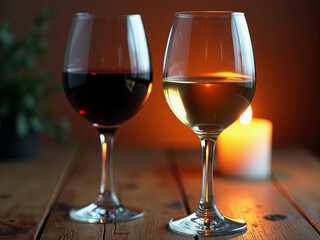 Two wine glasses, one red and one white