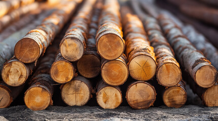 Close-up of stacked logs in sunlight with natural patterns and textures