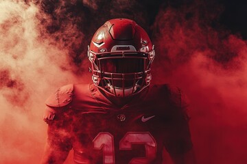 Football player in red uniform with helmet on, standing in red smoke.