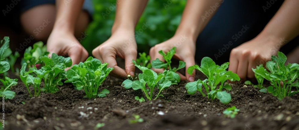 Closeup of hands planting young seedlings in fertile soil.