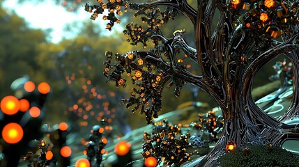 Aufkleber - Exploring a futuristic forest mechanical trees with glowing branches and illuminated flora in a surreal landscape