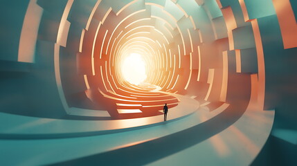 Aufkleber - Journey through an abstract tunnel towards a radiant light with a lone figure symbolizing hope and possibility