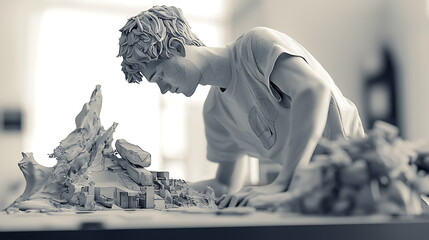 Poster - Artistic model result featuring a captivating human figure engaged in creative expression with surrounding elements in a sculptural environment