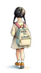 Pastel drawing artistic image of small girl with 2 side braids in dress with long sleeves walking to school carrying a backpack that's written on it back to school. Generative AI